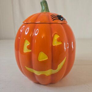 Vintage Hallmark Jack-O-Lantern Pumpkin with Spider Porcelain Candy Cookie Jar